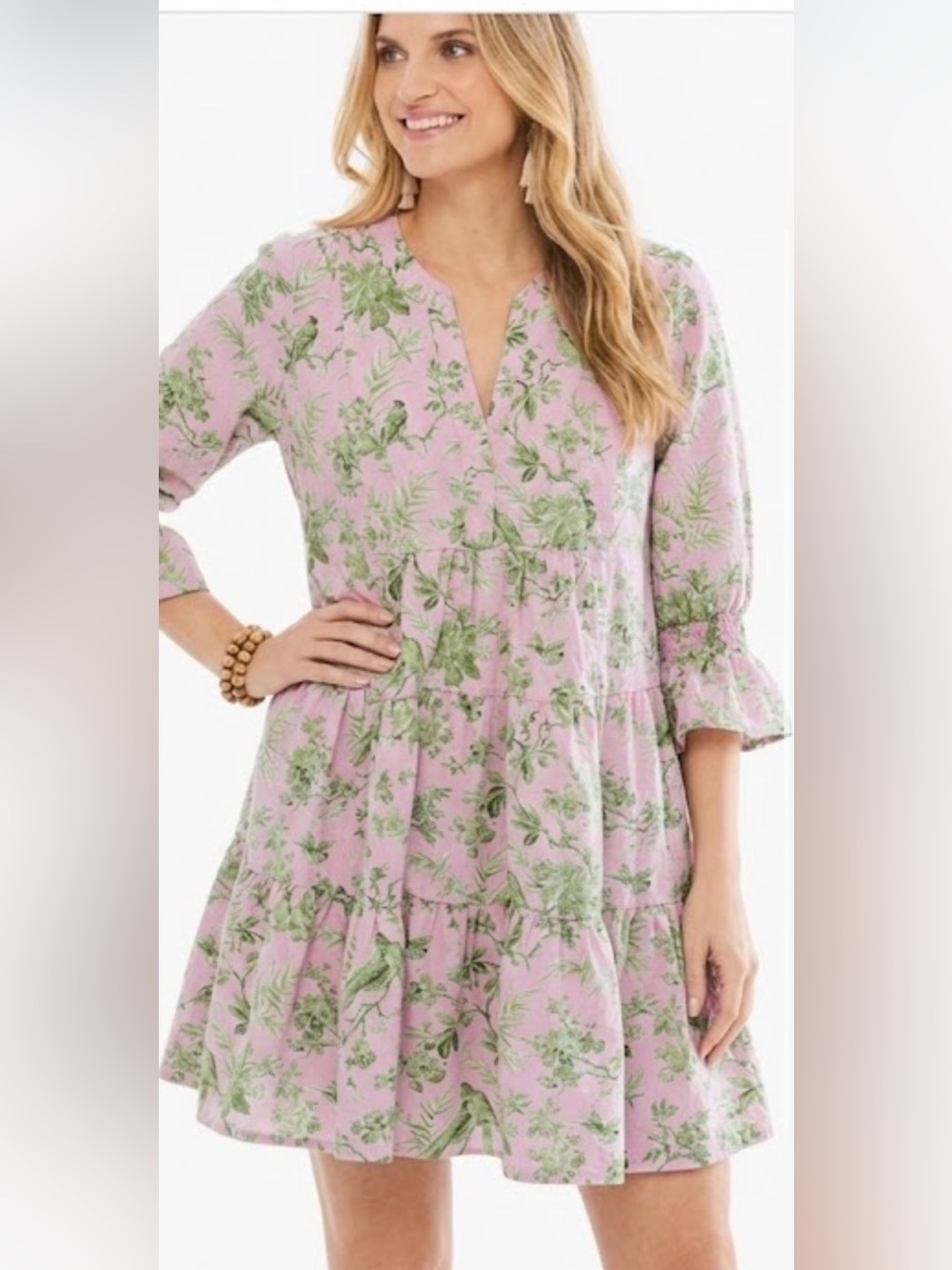 crown & ivy size M Pink Floral Tiered Dress with Green tropical bird Print